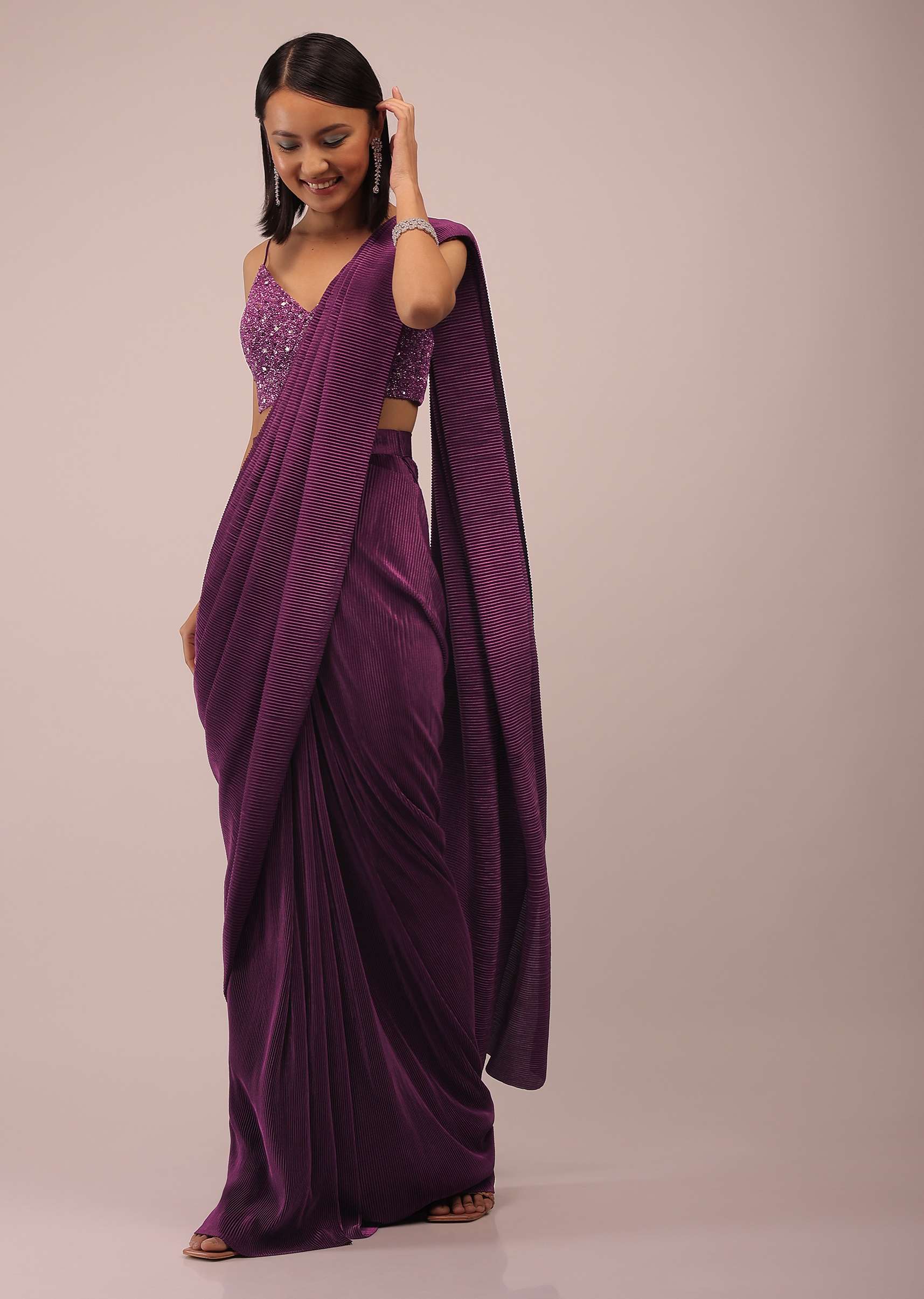 Hollyhock Purple Ready Pleated Saree With A Spaghetti Straps Crop Top In Sequins Embroidery