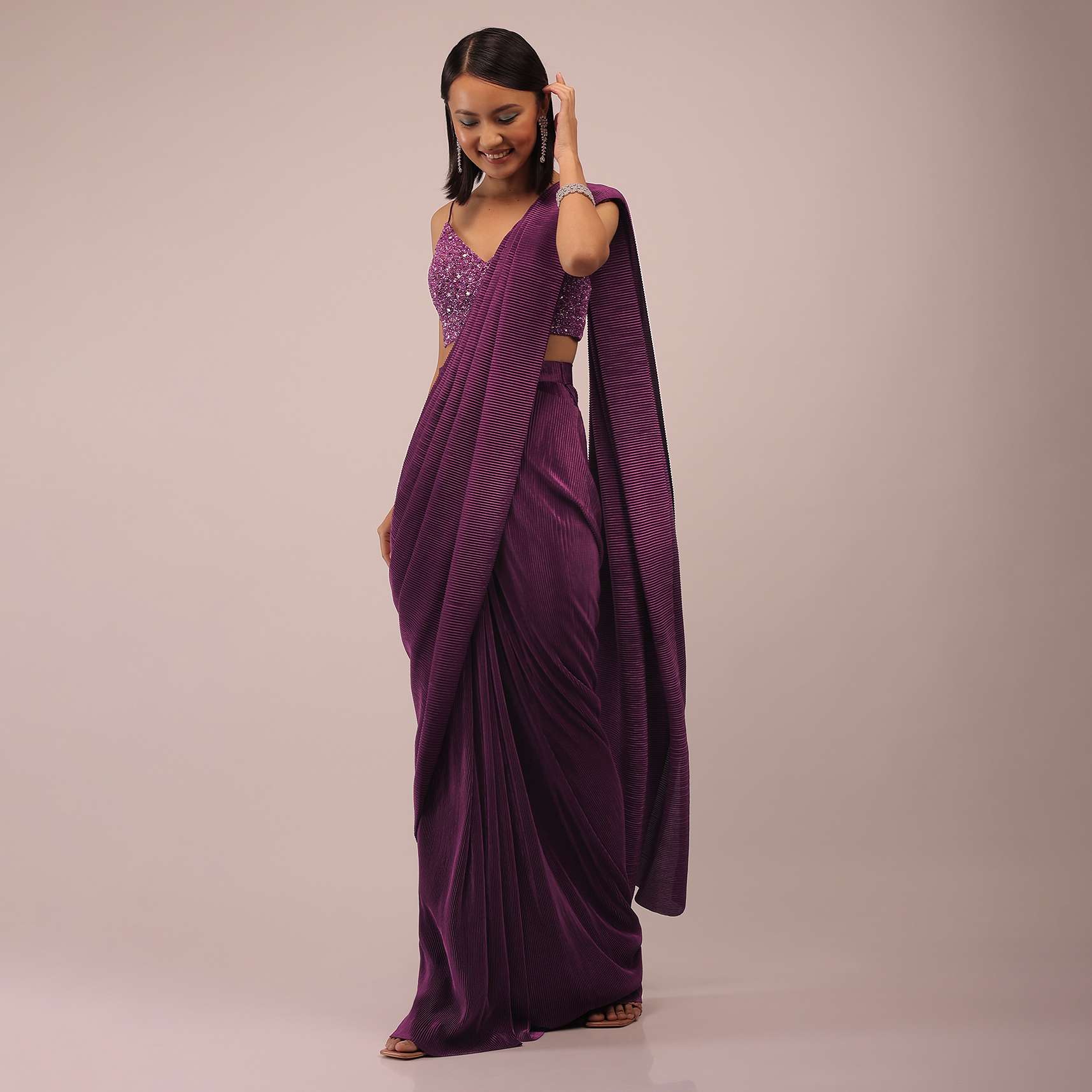 Hollyhock Purple Ready Pleated Saree With A Spaghetti Straps Crop Top In Sequins Embroidery