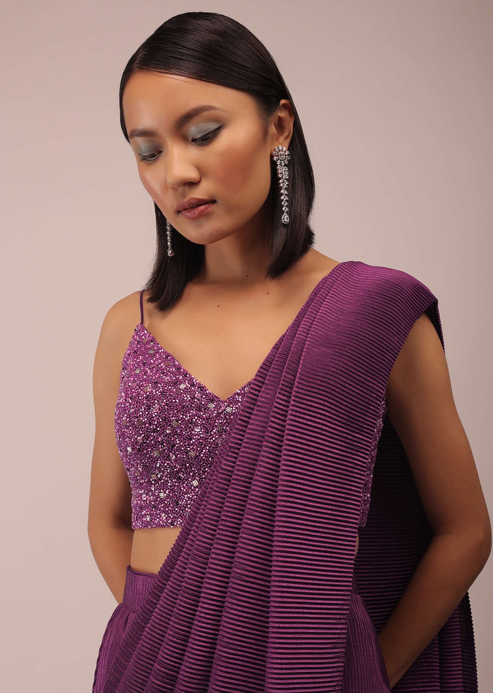 Hollyhock Purple Ready Pleated Saree With A Spaghetti Straps Crop Top In Sequins Embroidery