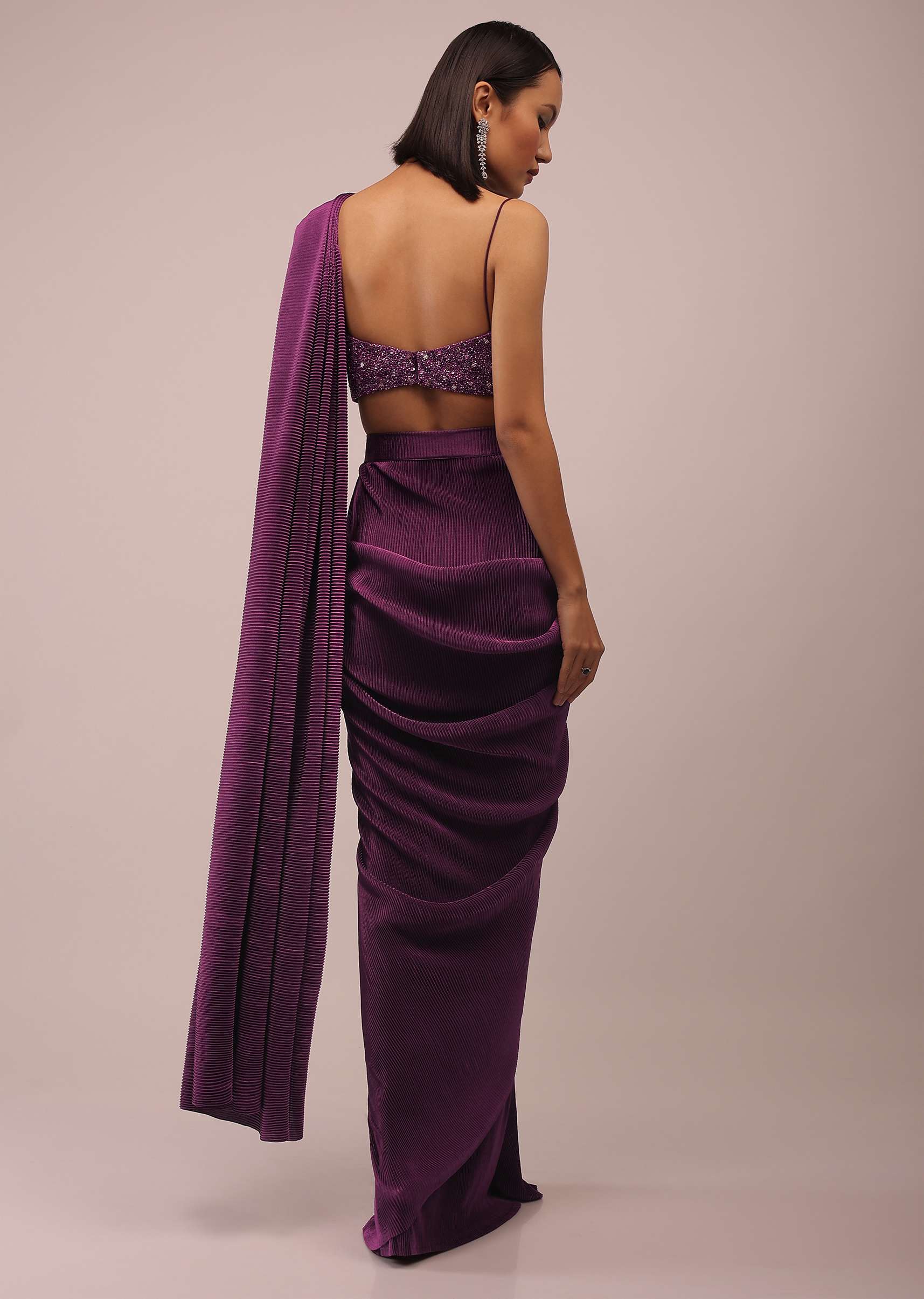 Hollyhock Purple Ready Pleated Saree With A Spaghetti Straps Crop Top In Sequins Embroidery