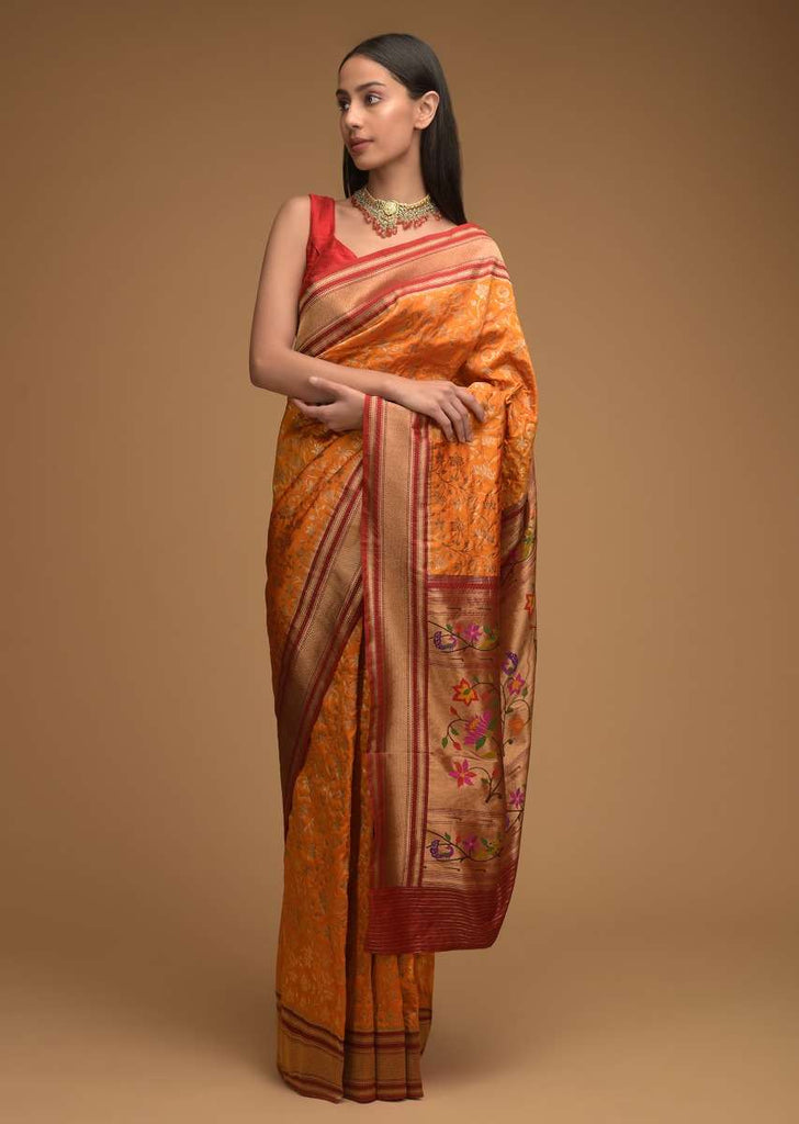 Honey Yellow Banarasi Saree In Silk With Brocade Woven Floral Jaal And Maroon Brocade Border Along With Unstitched Blouse Online - Kalki Fashion