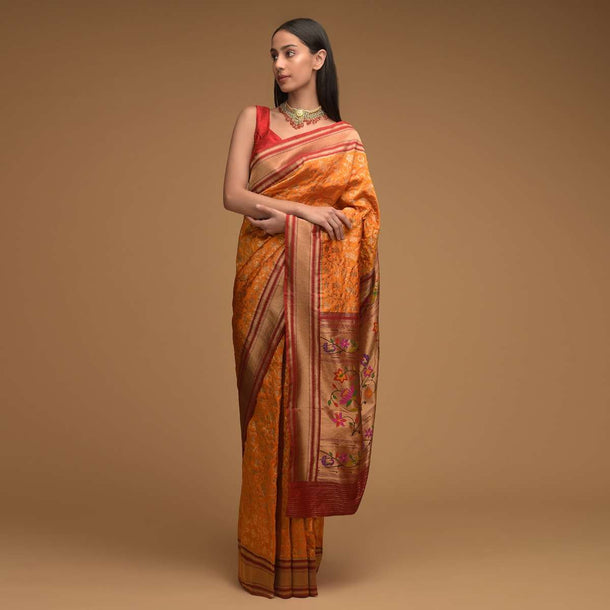 Honey Yellow Banarasi Saree In Silk With Brocade Woven Floral Jaal And Maroon Brocade Border Along With Unstitched Blouse Online - Kalki Fashion