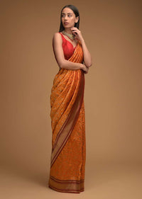 Honey Yellow Banarasi Saree In Silk With Brocade Woven Floral Jaal And Maroon Brocade Border Along With Unstitched Blouse Online - Kalki Fashion