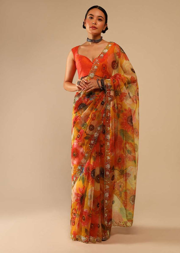 Honey Yellow Saree In Organza With Floral Print And Hand Embroidered Moti Work On The Border