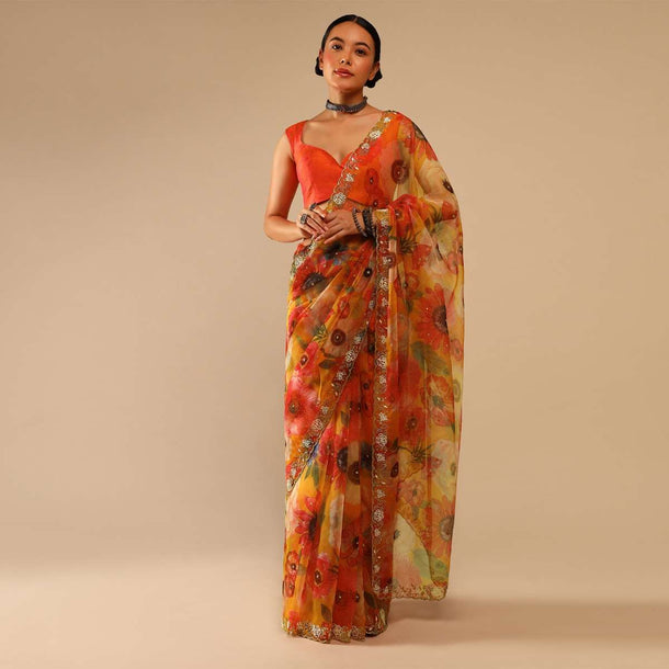 Honey Yellow Saree In Organza With Floral Print And Hand Embroidered Moti Work On The Border