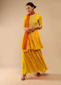 Honey Yellow Sharara Suit In Crepe With Bandhani And Lehariya Print Paired With Moti Embroidered Peplum Kurti