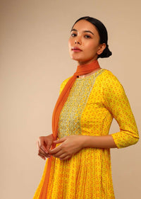 Honey Yellow Sharara Suit In Crepe With Bandhani And Lehariya Print Paired With Moti Embroidered Peplum Kurti