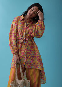 Honey Yellow Floral Printed Co-ord Palazzo-Top Set In Tussar - RE By Kalki