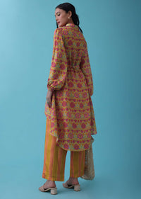 Honey Yellow Floral Printed Co-ord Palazzo-Top Set In Tussar - RE By Kalki