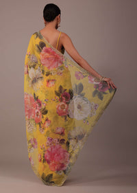 Honey Yellow Floral Printed Saree In Organza With Cut Dana Embroidery