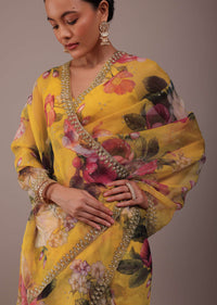 Honey Yellow Floral Printed Saree In Organza With Cut Dana Embroidery