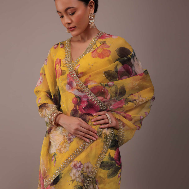 Honey Yellow Floral Printed Saree In Organza With Cut Dana Embroidery