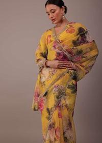 Honey Yellow Floral Printed Saree In Organza With Cut Dana Embroidery