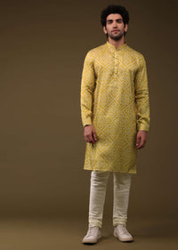 Honey Yellow Jacket Kurta Set In Silk With Bandhani Print
