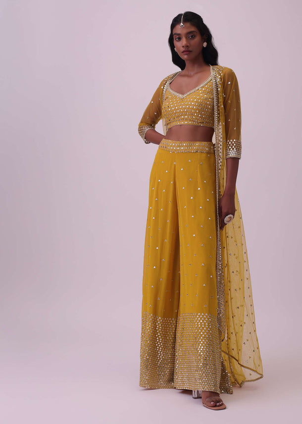 Honey Yellow Palazzo And Blouse Set In Georgette With Sequins Work