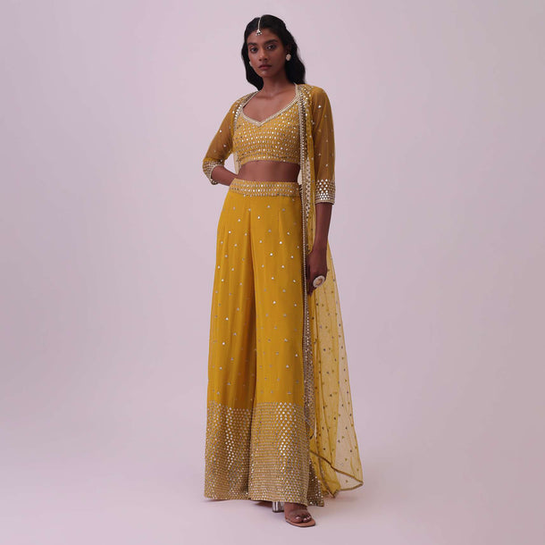 Honey Yellow Palazzo And Blouse Set In Georgette With Sequins Work