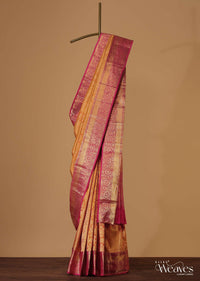 Honey Yellow Woven Silk Kanjivaram Saree With Hot Pink Border And Unstitched Blouse