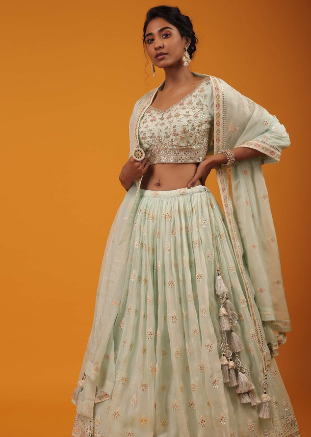 Honeydew Green Lehenga And Crop Top With Multi Colored Lucknowi Work In Floral Pattern