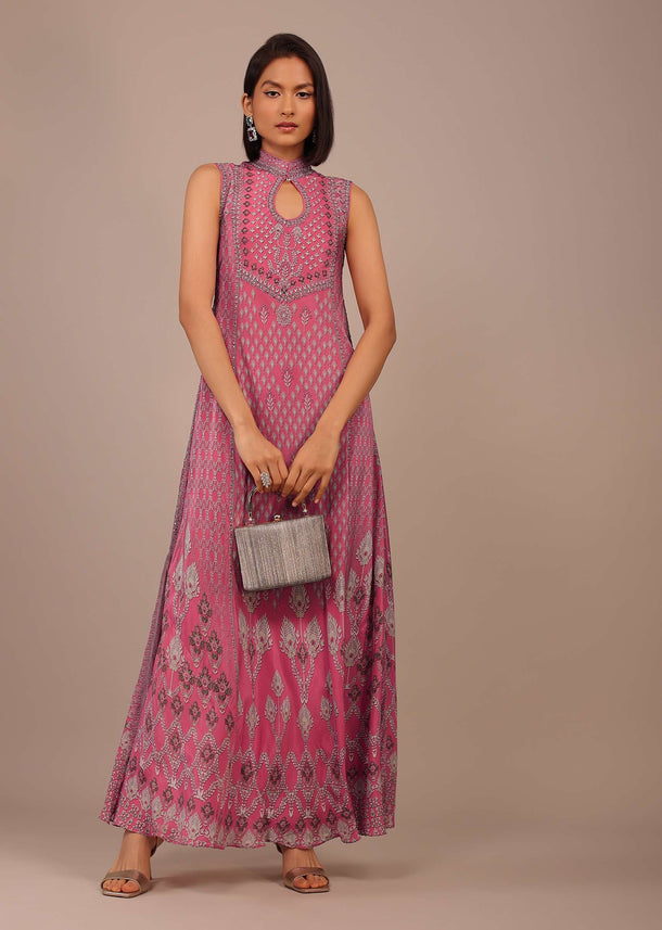 Fuschia Pink Printed Anarkali Kurti With Stonework In Crepe