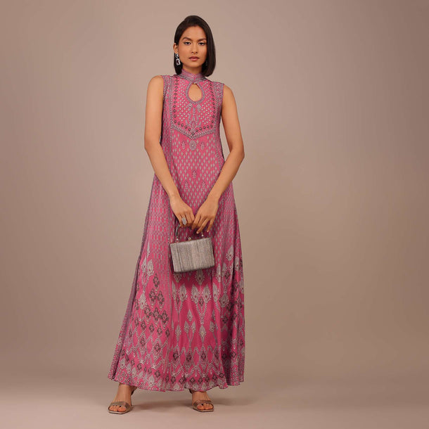 Fuschia Pink Printed Anarkali Kurti With Stonework In Crepe