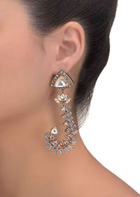 Hook Shaped Dangling Earrings With Triangle Crystals, Bugle Beads, Stones And Kundan Online - Kalki Fashion