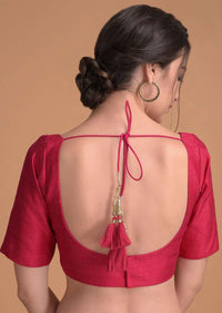 Hot Pink Blouse In Raw Silk With Wide U Neckline And Half Sleeves