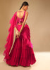 Hot Pink Crop Top Sharara Suit With An Attached Ruffle Draped And An Hand Embroidered Leaf Motifs