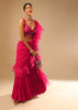 Hot Pink Crop Top Sharara Suit With An Attached Ruffle Draped And An Hand Embroidered Leaf Motifs