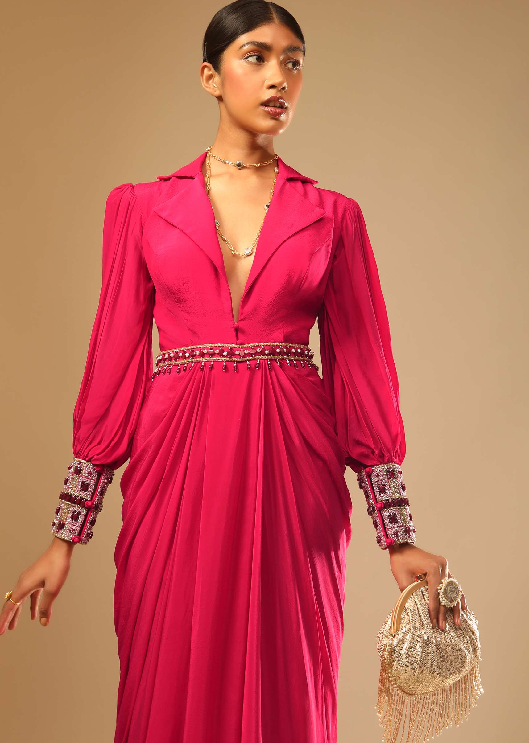 Hot Pink Dress With A Chunky Embroidered Bishop Sleeves And Collar Neckline