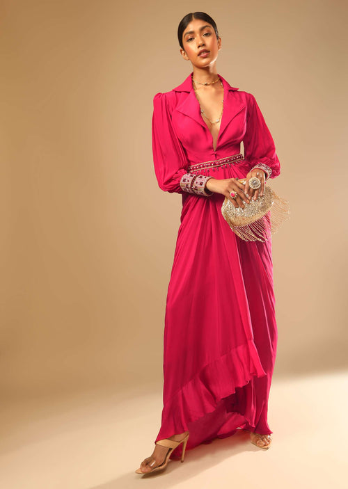 Hot Pink Dress With A Chunky Embroidered Bishop Sleeves And Collar Neckline 