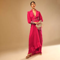 Hot Pink Dress With A Chunky Embroidered Bishop Sleeves And Collar Neckline