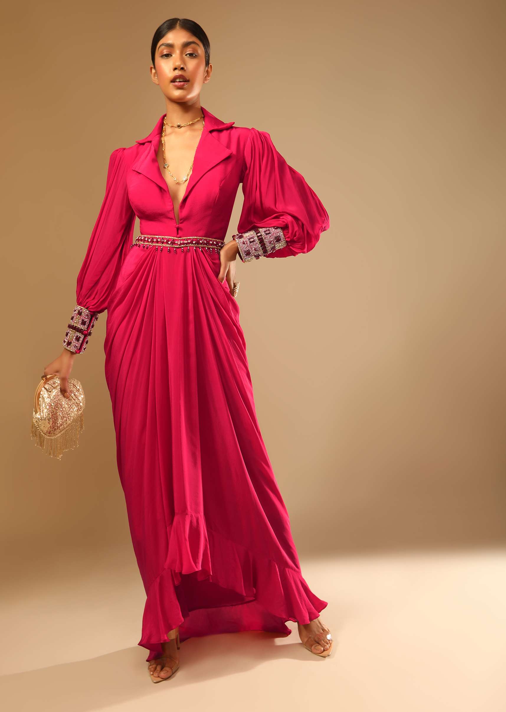 Hot Pink Dress With A Chunky Embroidered Bishop Sleeves And Collar Neckline