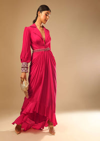 Hot Pink Dress With A Chunky Embroidered Bishop Sleeves And Collar Neckline