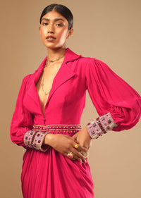 Hot Pink Dress With A Chunky Embroidered Bishop Sleeves And Collar Neckline