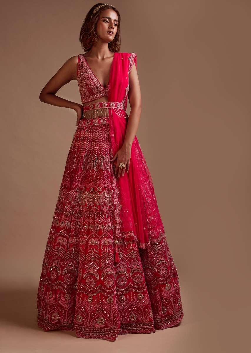 Hot Pink Lehenga Choli In Net With Mirror Work In Floral And Mughal Motifs Along With A Tassel Belt