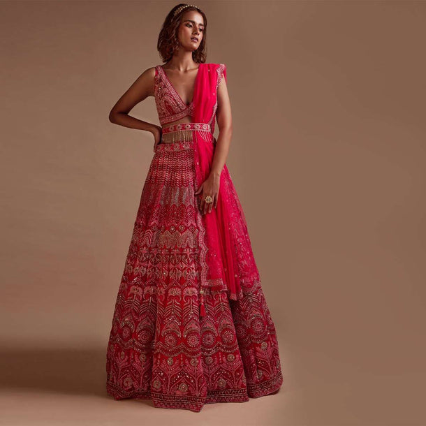 Hot Pink Lehenga Choli In Net With Mirror Work In Floral And Mughal Motifs Along With A Tassel Belt