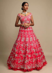 Hot Pink Lehenga Choli In Raw Silk Zardozi Embroidered Floral Jaal And Net Ruching On The Hem