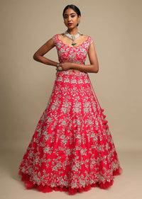 Hot Pink Lehenga Choli In Raw Silk Zardozi Embroidered Floral Jaal And Net Ruching On The Hem