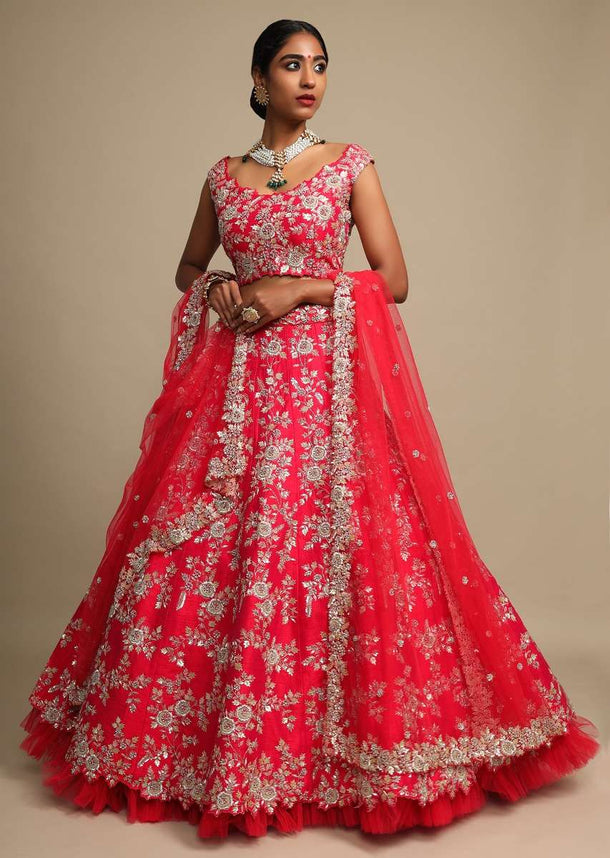 Hot Pink Lehenga Choli In Raw Silk Zardozi Embroidered Floral Jaal And Net Ruching On The Hem