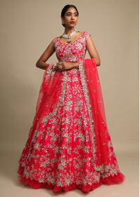 Hot Pink Lehenga Choli In Raw Silk Zardozi Embroidered Floral Jaal And Net Ruching On The Hem