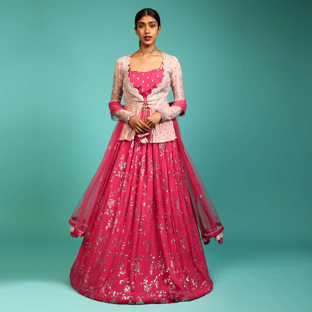 Hot Pink Lehenga Crop Top With Sequins Work In Floral Motifs And A Light Pink Peplum Jacket Online - Kalki Fashion