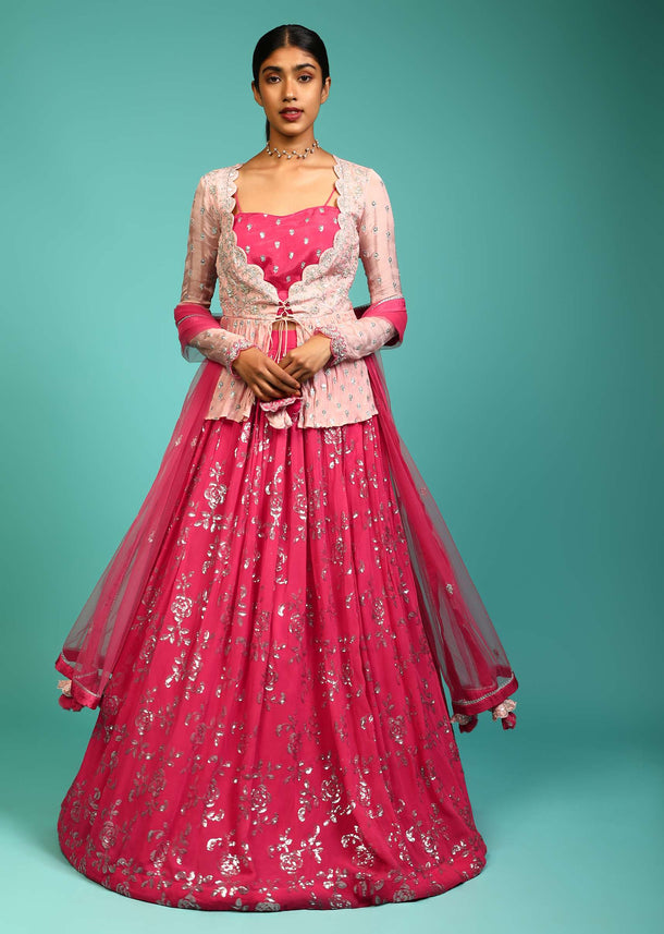 Hot Pink Lehenga Crop Top With Sequins Work In Floral Motifs And A Light Pink Peplum Jacket Online - Kalki Fashion