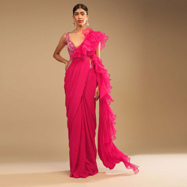 Hot Pink Ready Pleated Saree In Crepe With Ruffle Frill On The Pallu And Beads Embroidered Crop Top And Belt