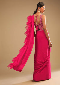 Hot Pink Ready Pleated Saree In Crepe With Ruffle Frill On The Pallu And Beads Embroidered Crop Top And Belt