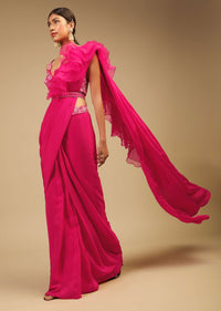 Hot Pink Ready Pleated Saree In Crepe With Ruffle Frill On The Pallu And Beads Embroidered Crop Top And Belt