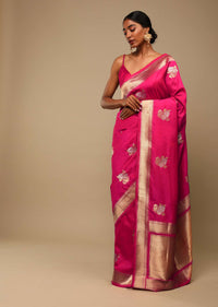 Hot Pink Saree In Art Handloom Silk With Golden And Silver Woven Floral Buttis And Unstitched Blouse