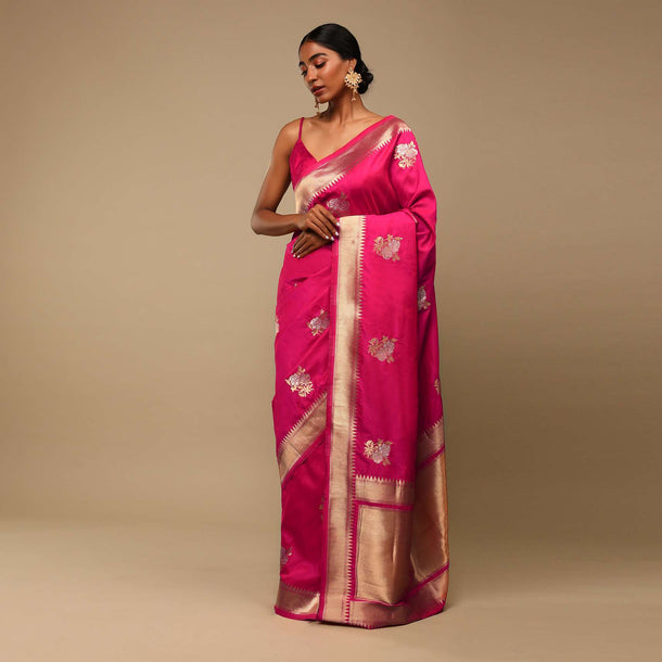 Hot Pink Saree In Art Handloom Silk With Golden And Silver Woven Floral Buttis And Unstitched Blouse