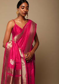 Hot Pink Saree In Art Handloom Silk With Golden And Silver Woven Floral Buttis And Unstitched Blouse