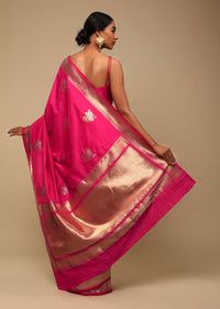 Hot Pink Saree In Art Handloom Silk With Golden And Silver Woven Floral Buttis And Unstitched Blouse