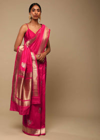 Hot Pink Saree In Art Handloom Silk With Golden And Silver Woven Floral Buttis And Unstitched Blouse